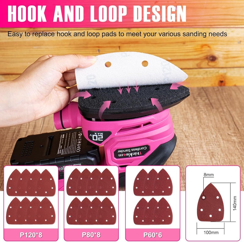 ThinkLearn Cordless Detail Sander - 20V Electric Hand Sander with 22Pcs Sandpapers, 12000 RPM Mouse Sander with Dust Bag, Compact Palm Sander Tool for Woodworking, 2.0Ah Battery and Charger Included - Image 5